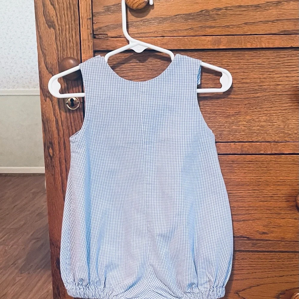 Blue Gingham 6 Month Baby Romper “Hamilton”